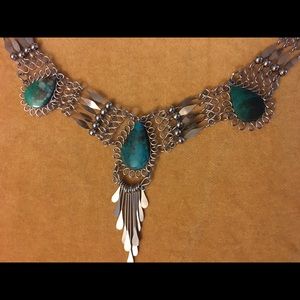 Boho Turquoise and silver color stone necklace